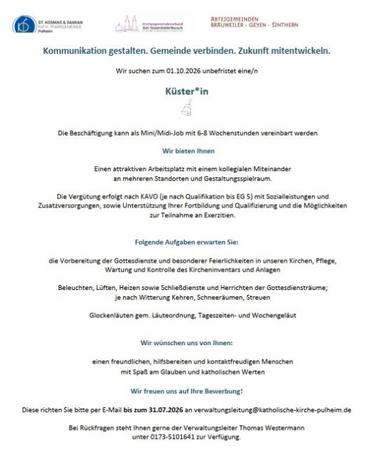 Ausschreibung Küster m_w_d Pulheim